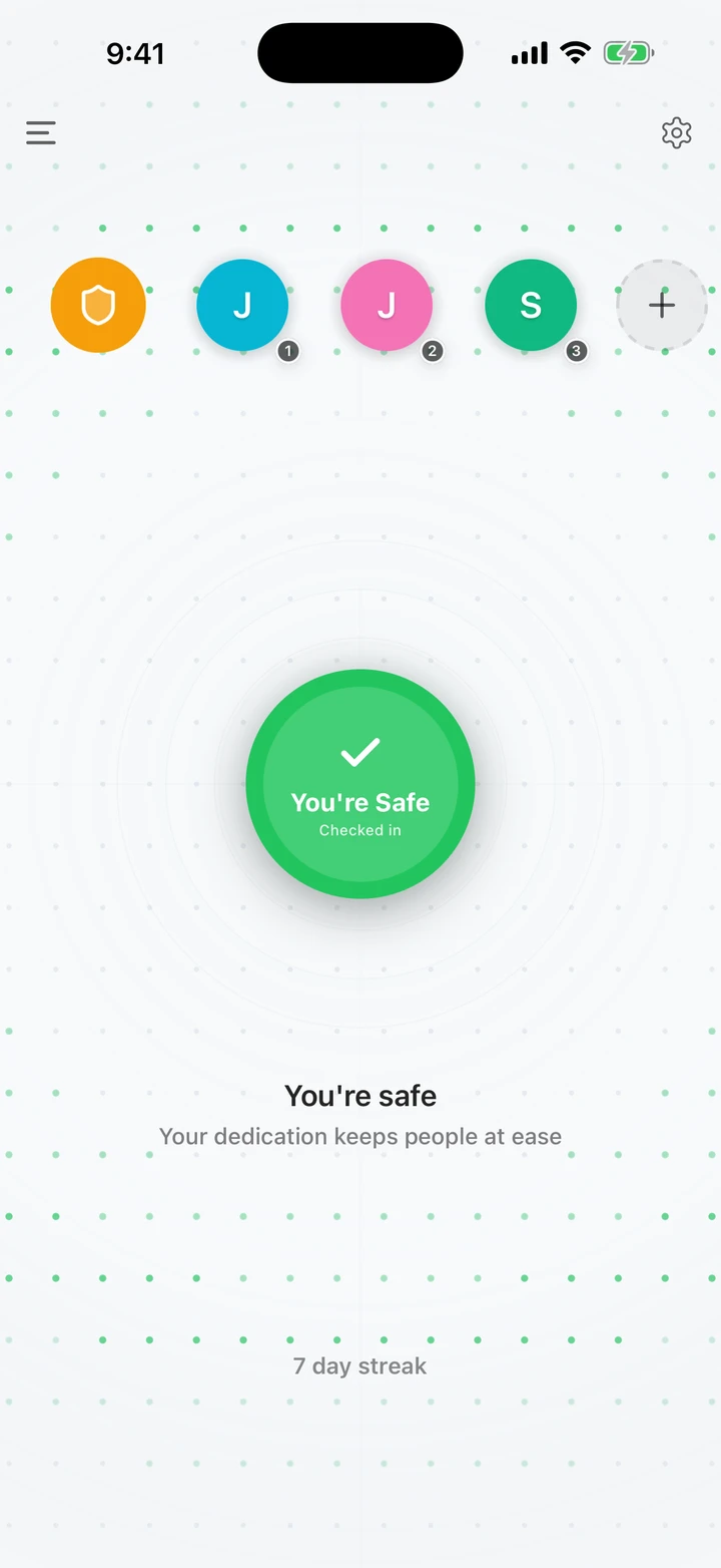 Beacon Safe safety check-in app home screen showing the green You're Safe, checked in button, emergency contacts, and a 7 day check-in streak